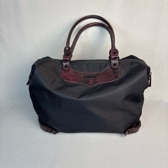 Rebecca Minkoff Purse Shoulder Bag Black Nylon Tote with Red Snakeskin & Spikes - Picture 8 of 12